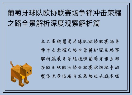 葡萄牙球队欧协联赛场争锋冲击荣耀之路全景解析深度观察解析篇